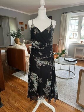 Silk Dress Women’s Sz. M Black Floral Midi Length Lined Whimsy Goth Grunge